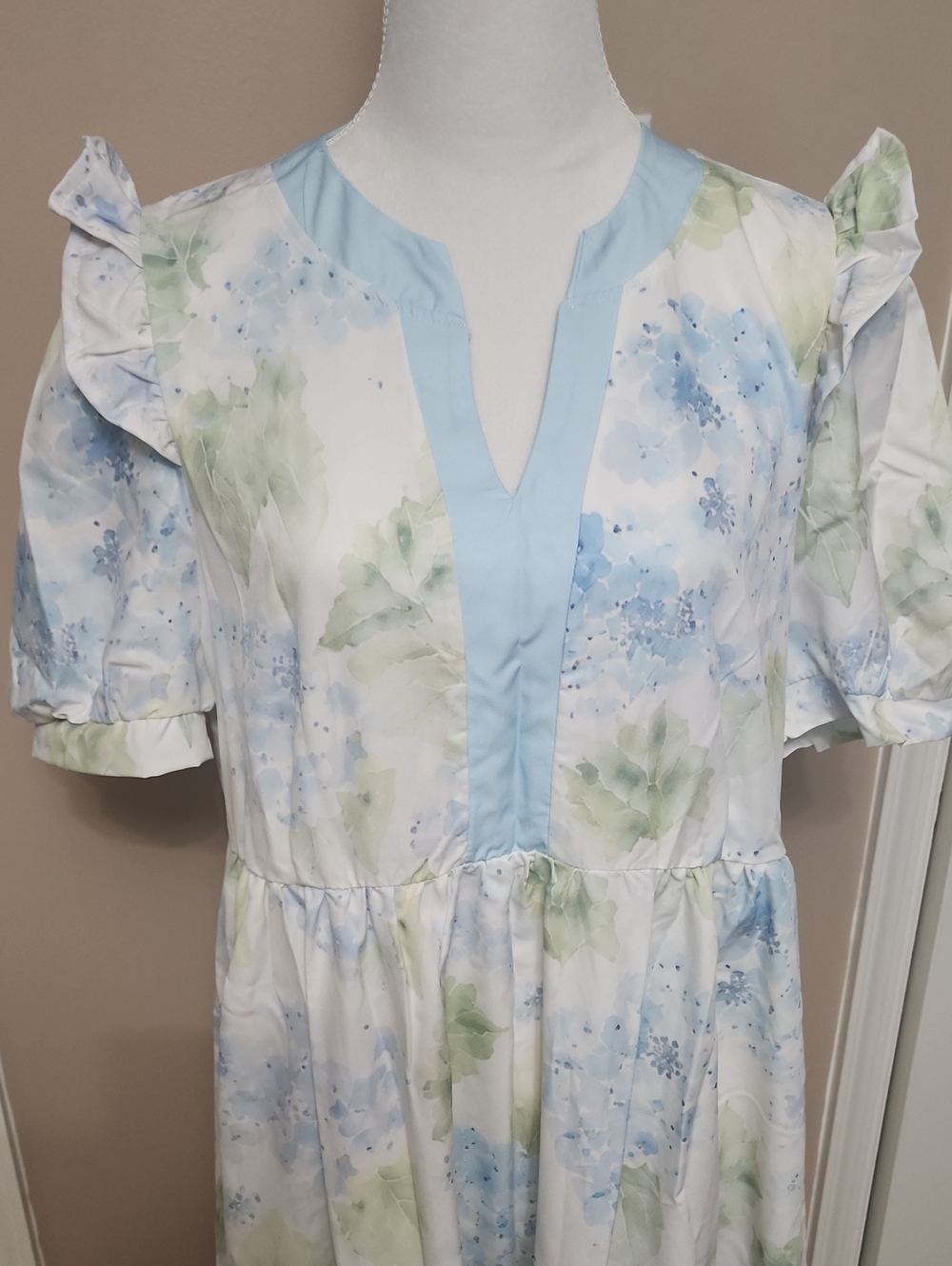 White Floral Dress with Blue & Green Accents